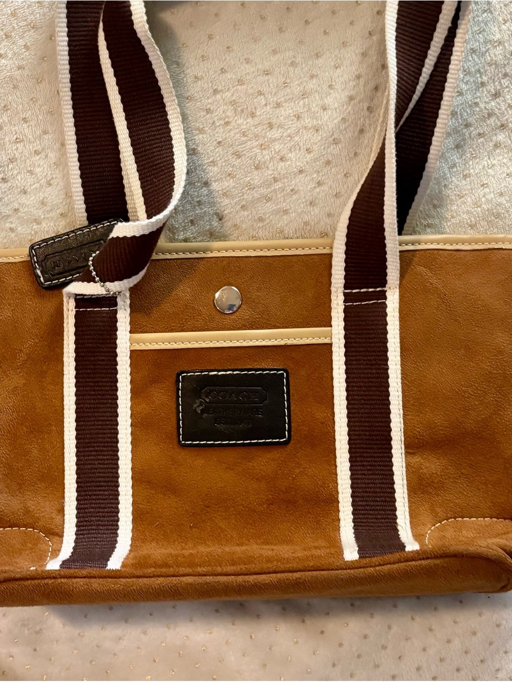 Coach Brown Suede Tote with Dark Brown and White Straps